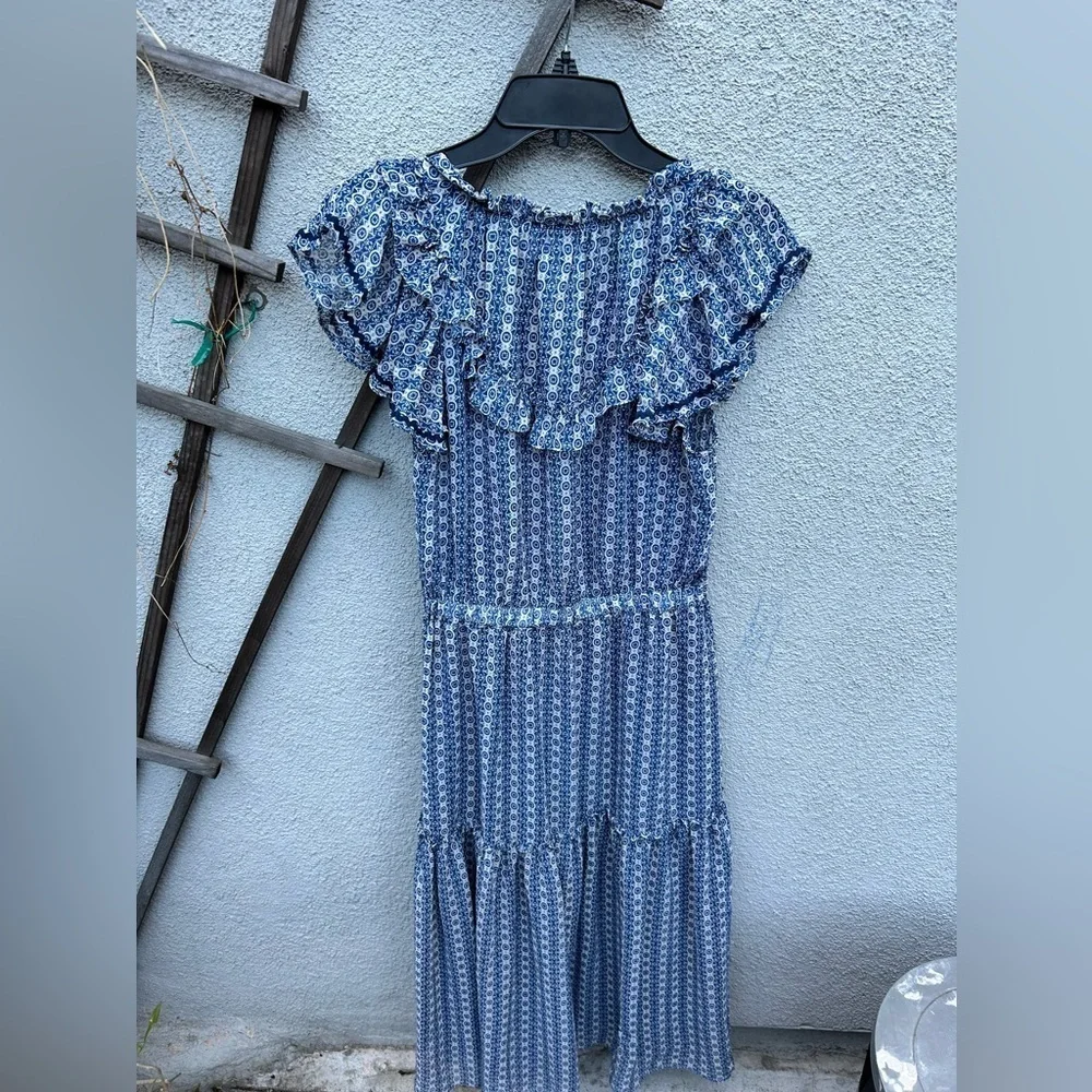 MISA Los Angeles Melissa Dress Blue Geometric Printed Chiffon Ruffled - Picture 7 of 7